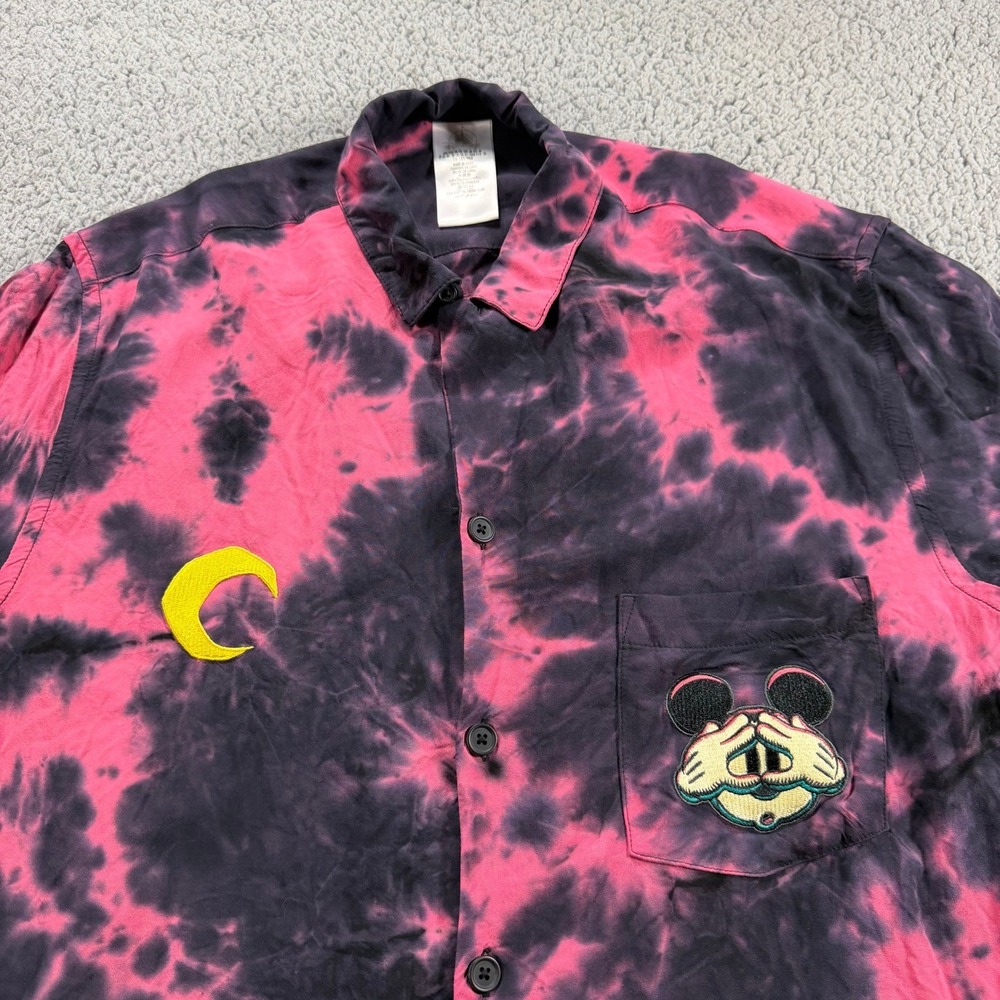 Disney Mens Mickey Mouse Tie Dye Halloween‎ Button Down Shirt Pink Black Medium